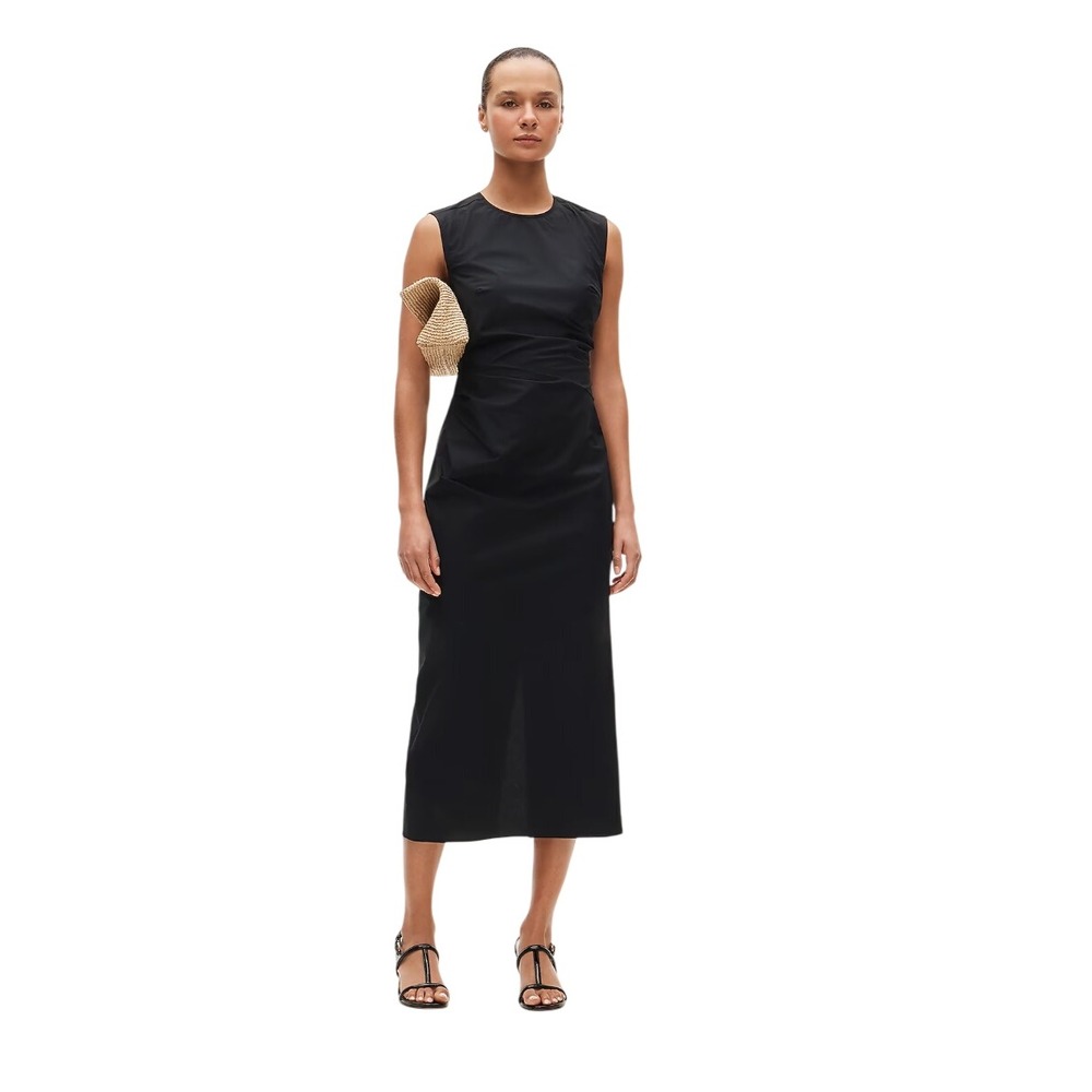 J. Crew Ruched Midi Dress Black Stretch Cotton Blend Poplin 12